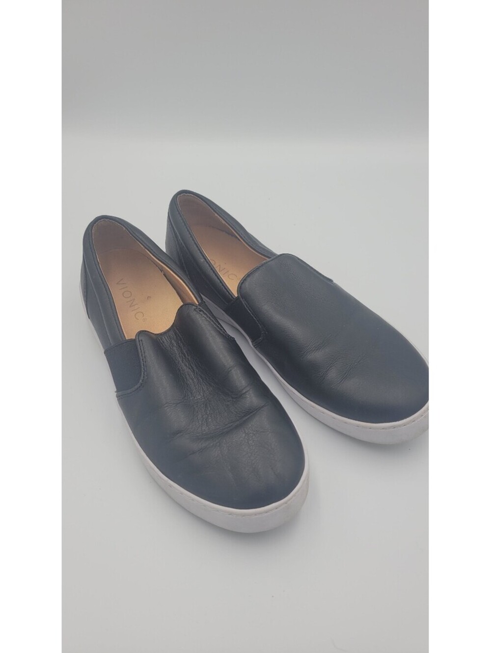 Vionic Black Leather Slip-On Shoes with White Rubber Soles, Size Not Specified